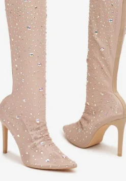 Beżowe Kozaki na Szpilce za Kolano z Przezroczystą Cholewką Ozdobione Cyrkoniami Felilorn