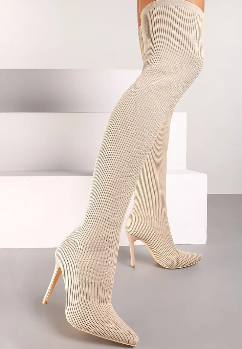 Beżowe Kozaki na Szpilce ze Skarpetową Cholewką Erilane