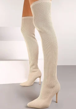 Beżowe Kozaki na Szpilce ze Skarpetową Cholewką Erilane