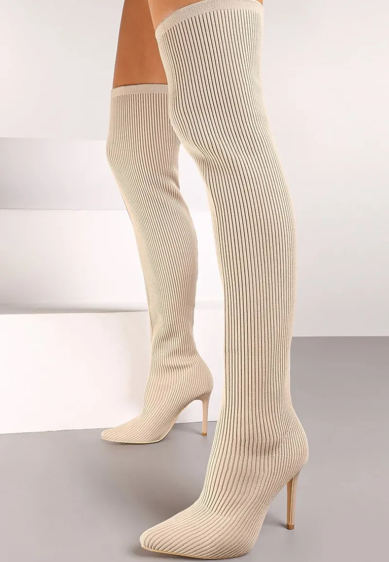 Beżowe Kozaki na Szpilce ze Skarpetową Cholewką Erilane