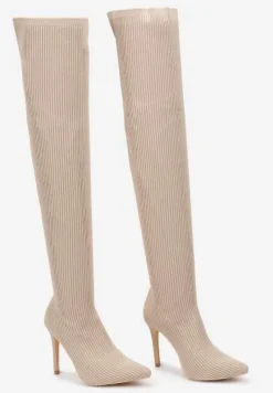 Beżowe Kozaki na Szpilce ze Skarpetową Cholewką Erilane