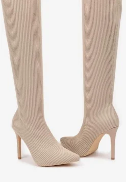 Beżowe Kozaki na Szpilce ze Skarpetową Cholewką Erilane