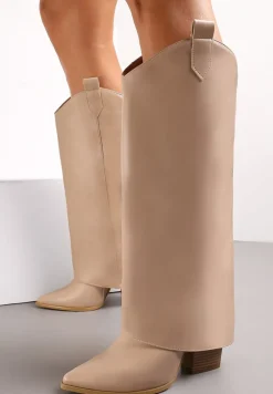Beżowe Kozaki przed Kolano na Słupku z Wywiniętą Cholewką Marieta
