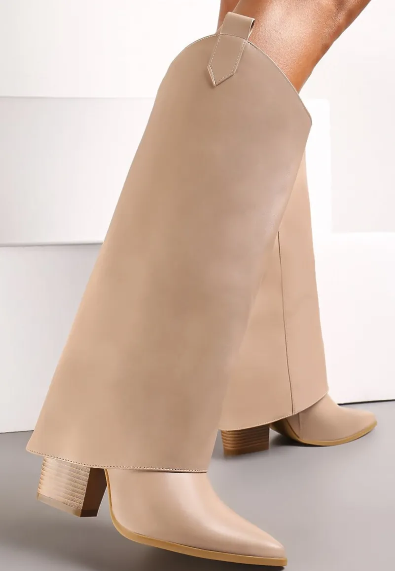 Beżowe Kozaki przed Kolano na Słupku z Wywiniętą Cholewką Marieta