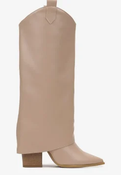 Beżowe Kozaki przed Kolano na Słupku z Wywiniętą Cholewką Marieta