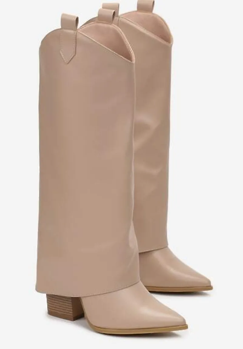 Beżowe Kozaki przed Kolano na Słupku z Wywiniętą Cholewką Marieta