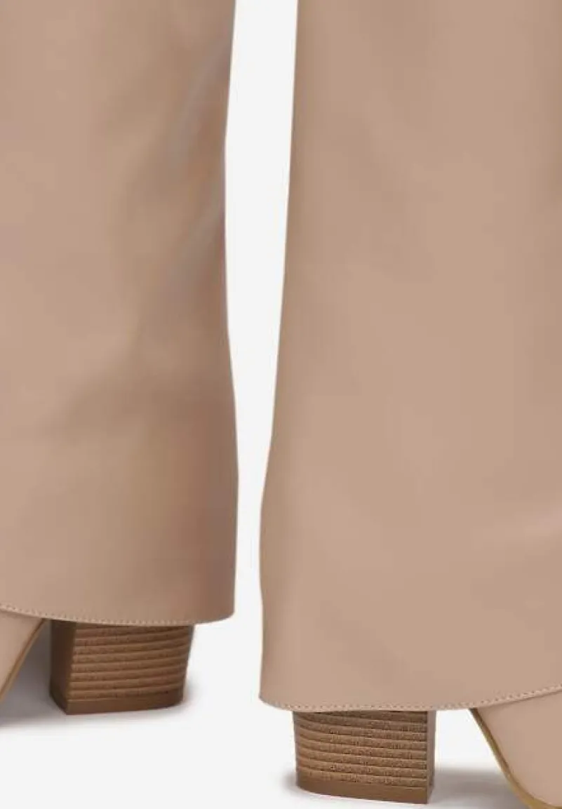 Beżowe Kozaki przed Kolano na Słupku z Wywiniętą Cholewką Marieta