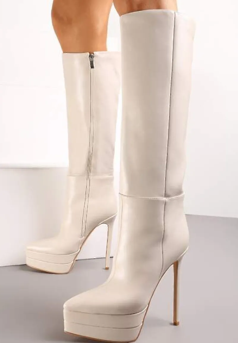 Beżowe Kozaki przed Kolano na Platformie i Szpilce Hezoppe