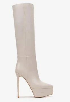 Beżowe Kozaki przed Kolano na Platformie i Szpilce Hezoppe