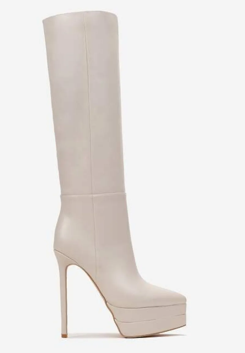 Beżowe Kozaki przed Kolano na Platformie i Szpilce Hezoppe