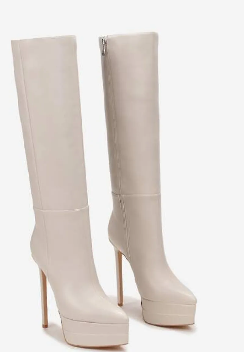 Beżowe Kozaki przed Kolano na Platformie i Szpilce Hezoppe