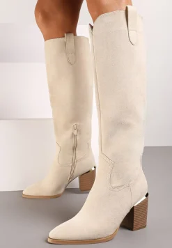 Beżowe Kozaki Vices na Słupku Ozdobione Metaliczną Wstawką Moriane