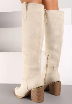 Beżowe Kozaki Vices na Słupku Ozdobione Metaliczną Wstawką Moriane