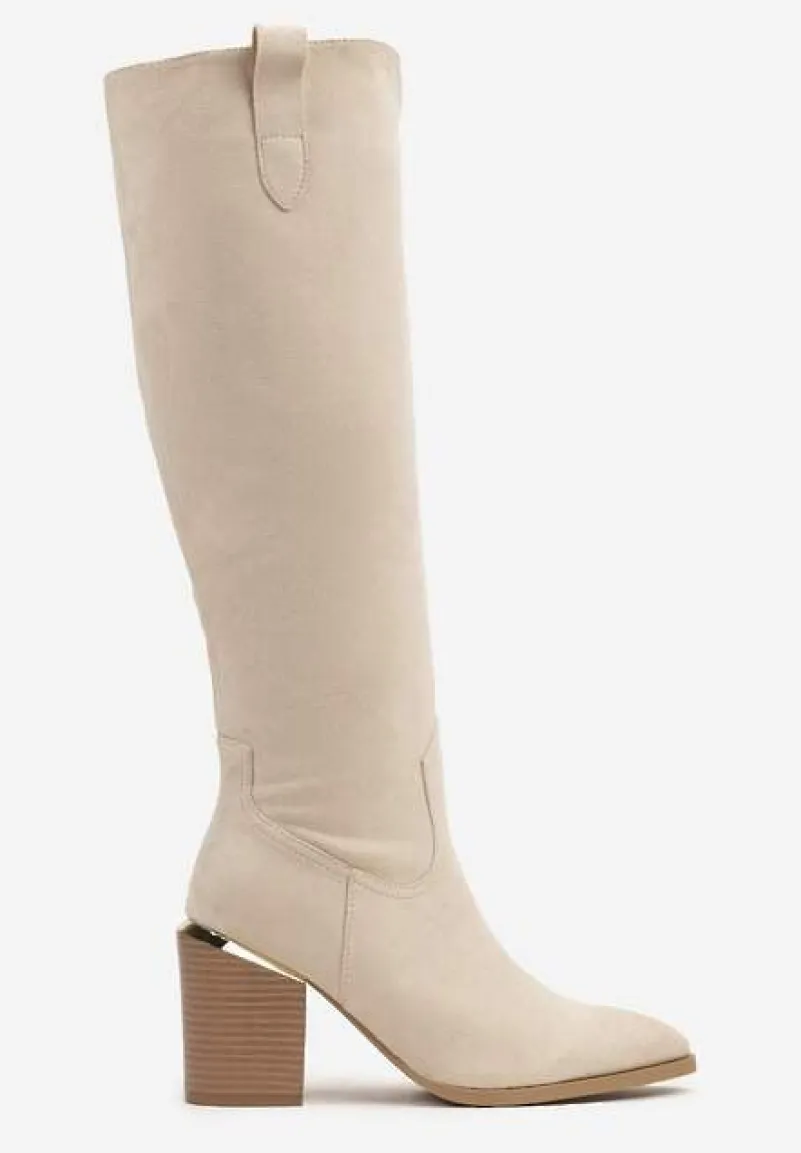 Beżowe Kozaki Vices na Słupku Ozdobione Metaliczną Wstawką Moriane