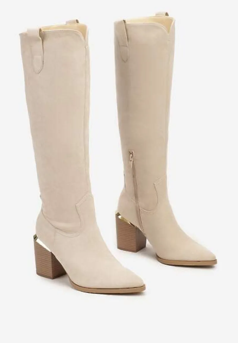 Beżowe Kozaki Vices na Słupku Ozdobione Metaliczną Wstawką Moriane