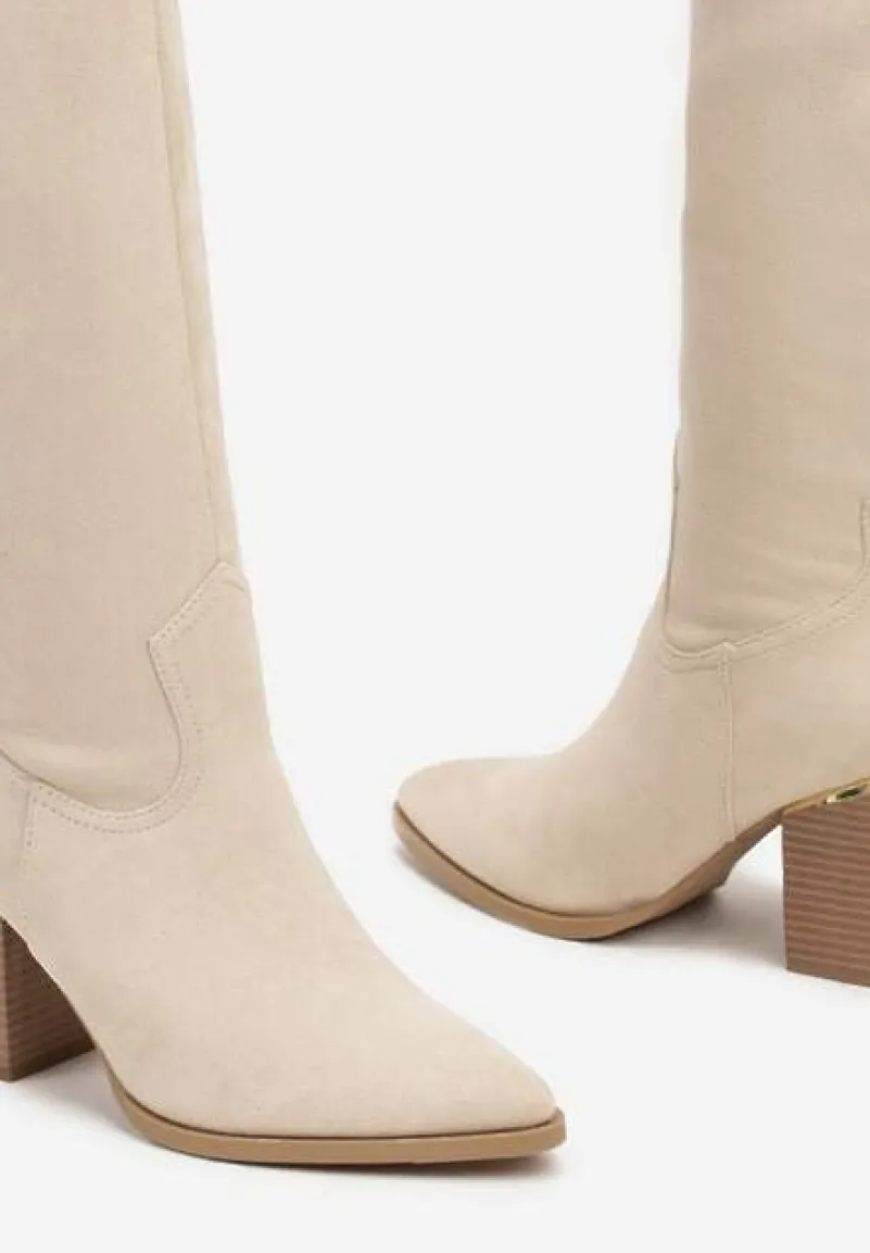 Beżowe Kozaki Vices na Słupku Ozdobione Metaliczną Wstawką Moriane