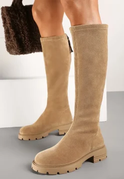 Beżowe Kozaki z Ekozamszu z Eleganckim Zapięciem z Tyłu na Suwak Sistaria