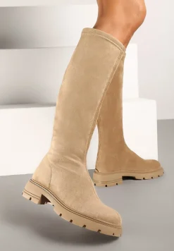 Beżowe Kozaki z Ekozamszu z Eleganckim Zapięciem z Tyłu na Suwak Sistaria