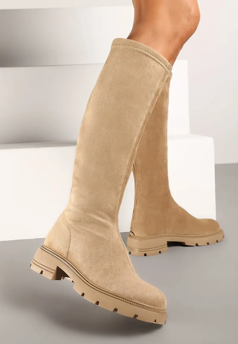 Beżowe Kozaki z Ekozamszu z Eleganckim Zapięciem z Tyłu na Suwak Sistaria