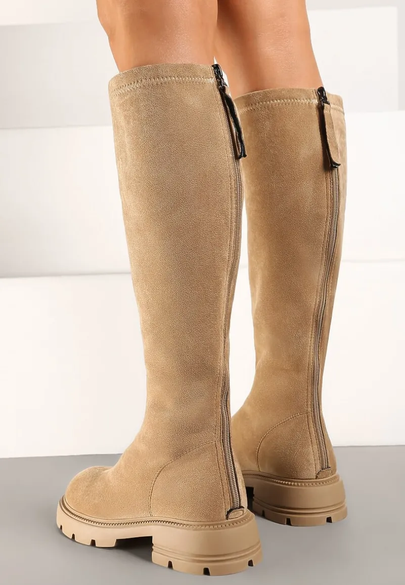 Beżowe Kozaki z Ekozamszu z Eleganckim Zapięciem z Tyłu na Suwak Sistaria