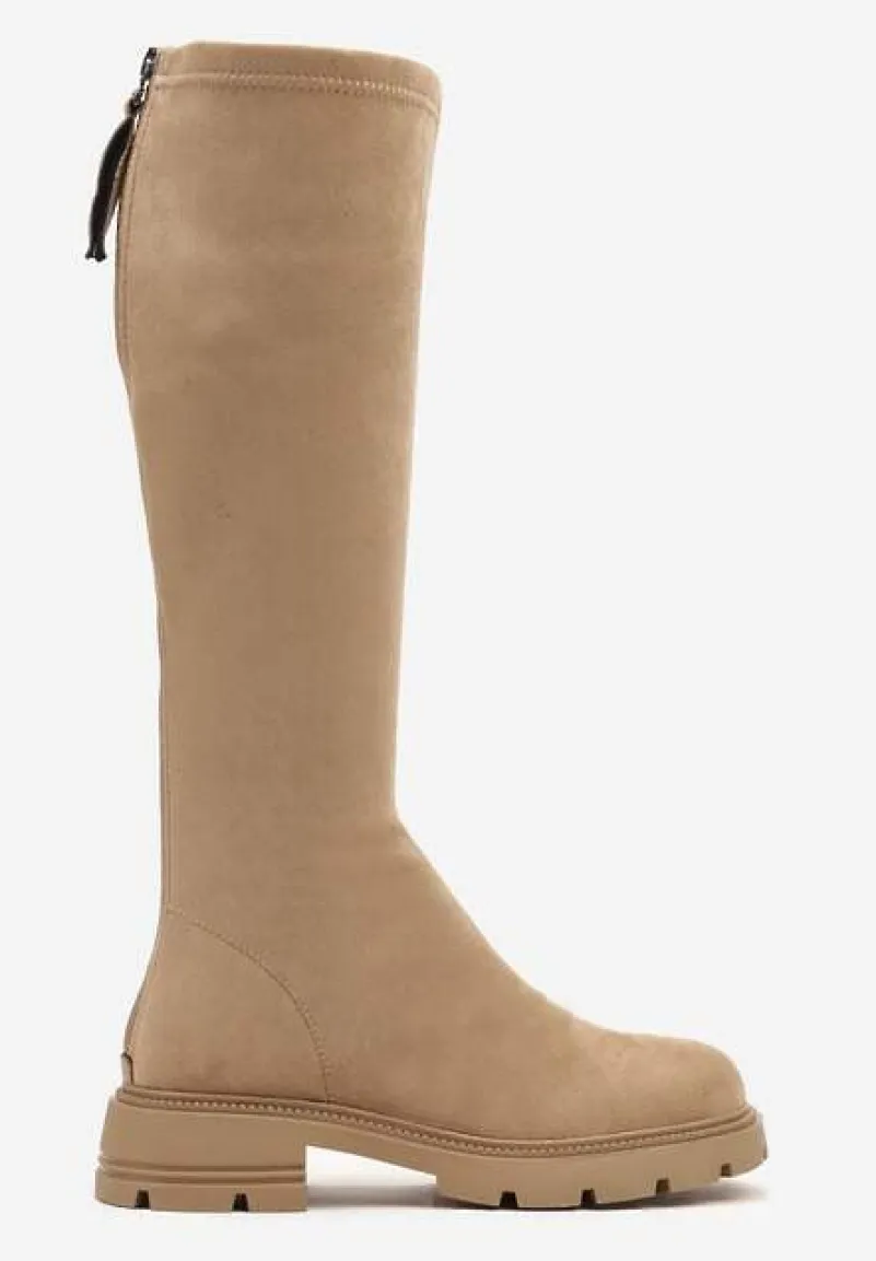 Beżowe Kozaki z Ekozamszu z Eleganckim Zapięciem z Tyłu na Suwak Sistaria