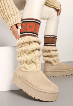 Beżowe Kozaki z Ekozamszu na Grubej Podeszwie z Dzianinową Cholewką o Skarpetkowym Fasonie Kaielia