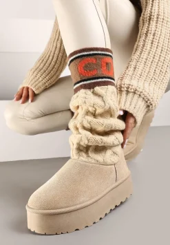 Beżowe Kozaki z Ekozamszu na Grubej Podeszwie z Dzianinową Cholewką o Skarpetkowym Fasonie Kaielia