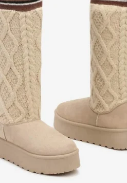 Beżowe Kozaki z Ekozamszu na Grubej Podeszwie z Dzianinową Cholewką o Skarpetkowym Fasonie Kaielia