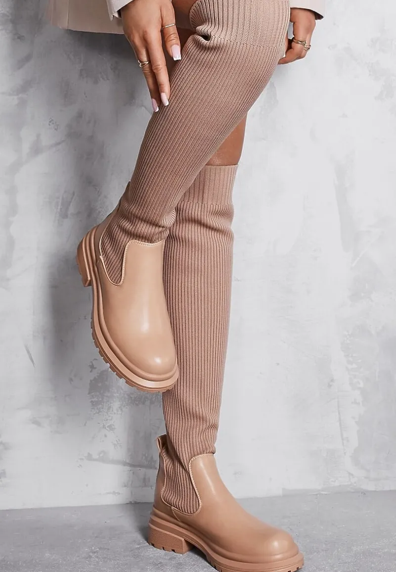 Beżowe Kozaki z Elastyczną Prążkowaną Cholewką za Kolano Goisee