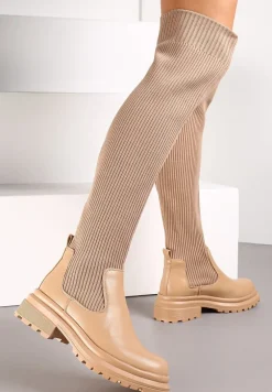 Beżowe Kozaki z Elastyczną Prążkowaną Cholewką za Kolano Goisee