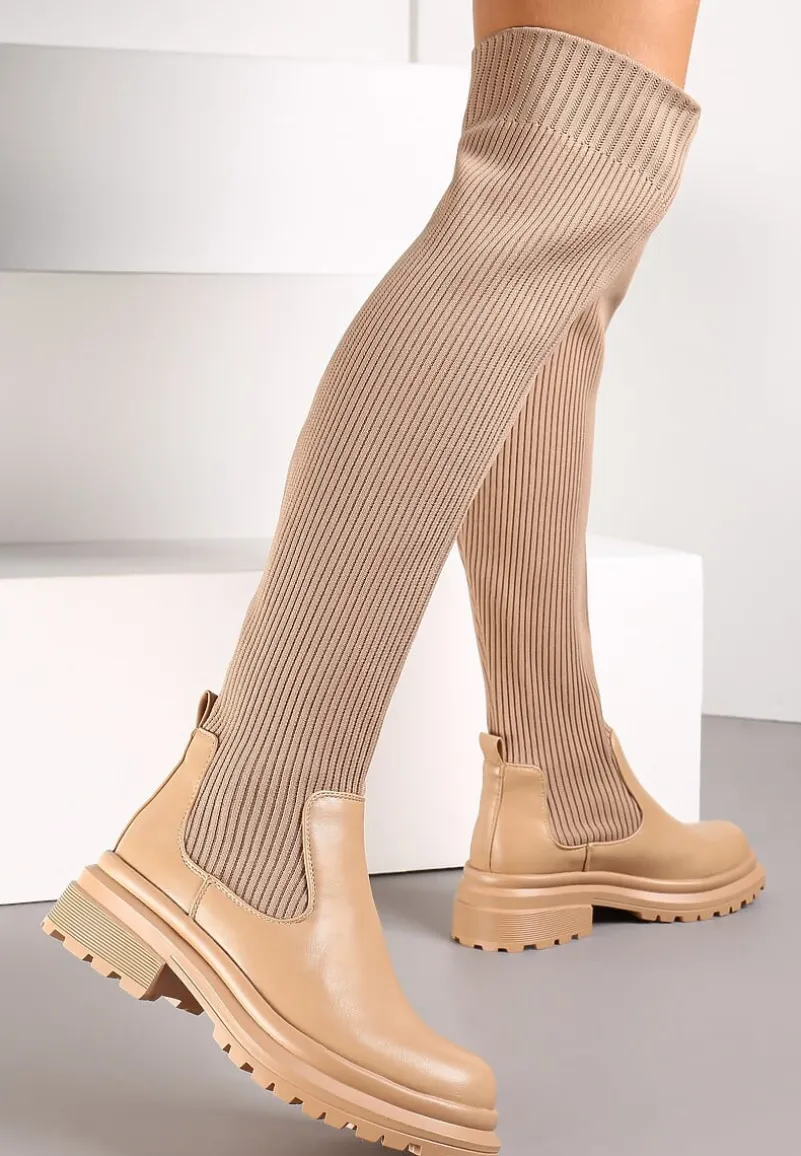 Beżowe Kozaki z Elastyczną Prążkowaną Cholewką za Kolano Goisee