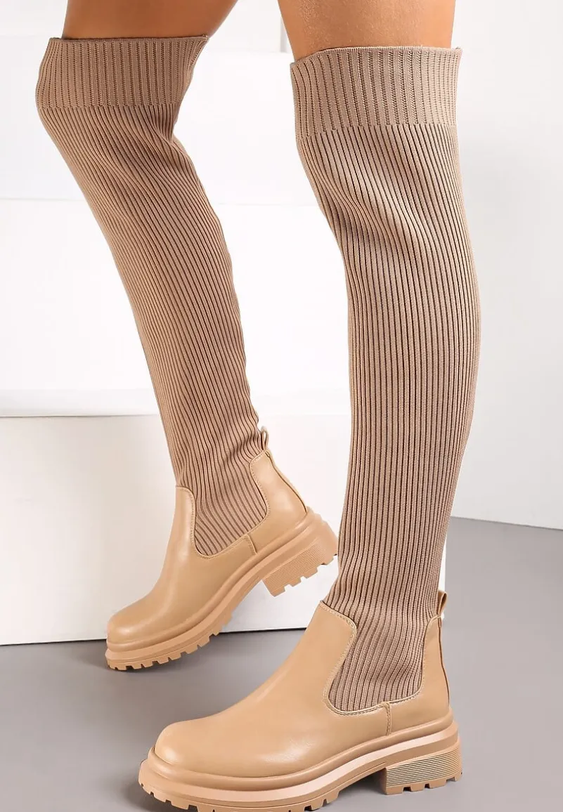 Beżowe Kozaki z Elastyczną Prążkowaną Cholewką za Kolano Goisee