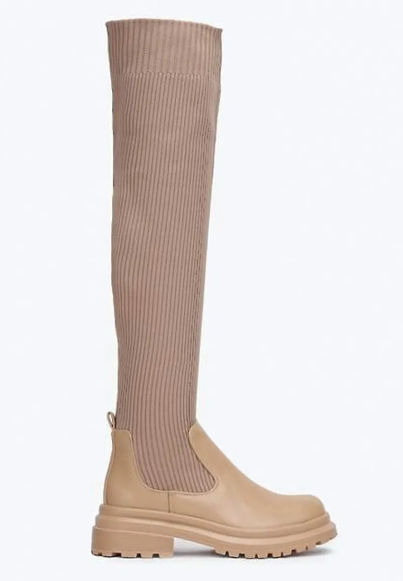 Beżowe Kozaki z Elastyczną Prążkowaną Cholewką za Kolano Goisee