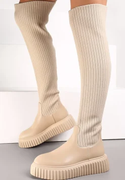 Beżowe Kozaki z Elastyczną Cholewką za Kolano na Platformie Cese