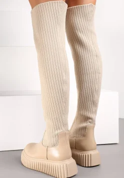 Beżowe Kozaki z Elastyczną Cholewką za Kolano na Platformie Cese