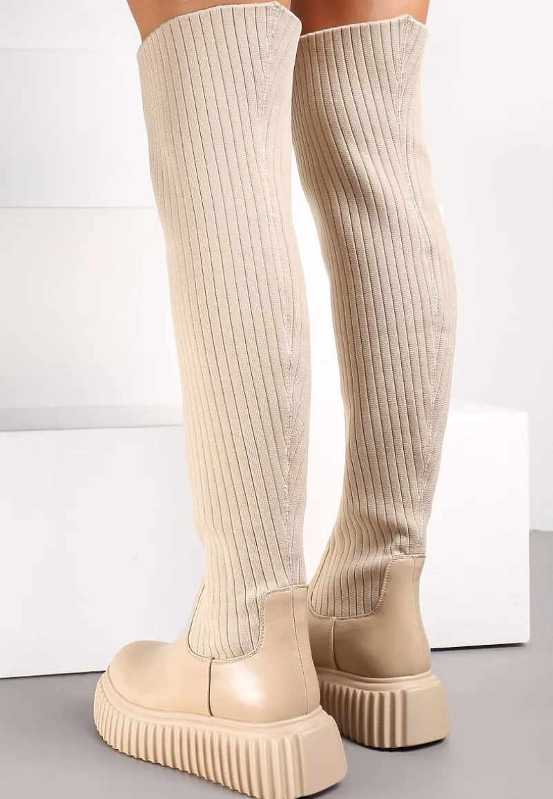 Beżowe Kozaki z Elastyczną Cholewką za Kolano na Platformie Cese