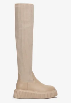 Beżowe Kozaki z Elastyczną Cholewką za Kolano na Platformie Cese