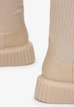 Beżowe Kozaki z Elastyczną Cholewką za Kolano na Platformie Cese
