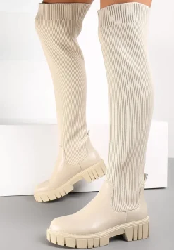 Beżowe Kozaki z Elastyczną Cholewką za Kolano Meyo