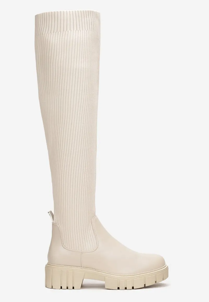 Beżowe Kozaki z Elastyczną Cholewką za Kolano Meyo