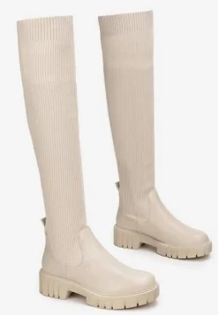 Beżowe Kozaki z Elastyczną Cholewką za Kolano Meyo
