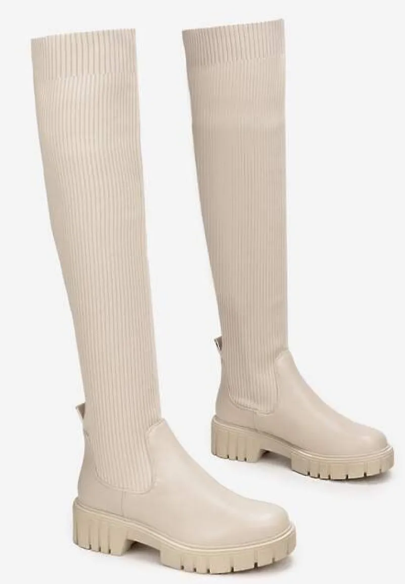 Beżowe Kozaki z Elastyczną Cholewką za Kolano Meyo