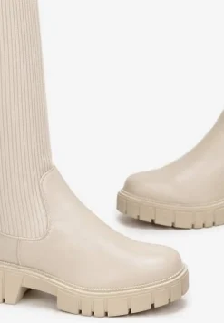 Beżowe Kozaki z Elastyczną Cholewką za Kolano Meyo