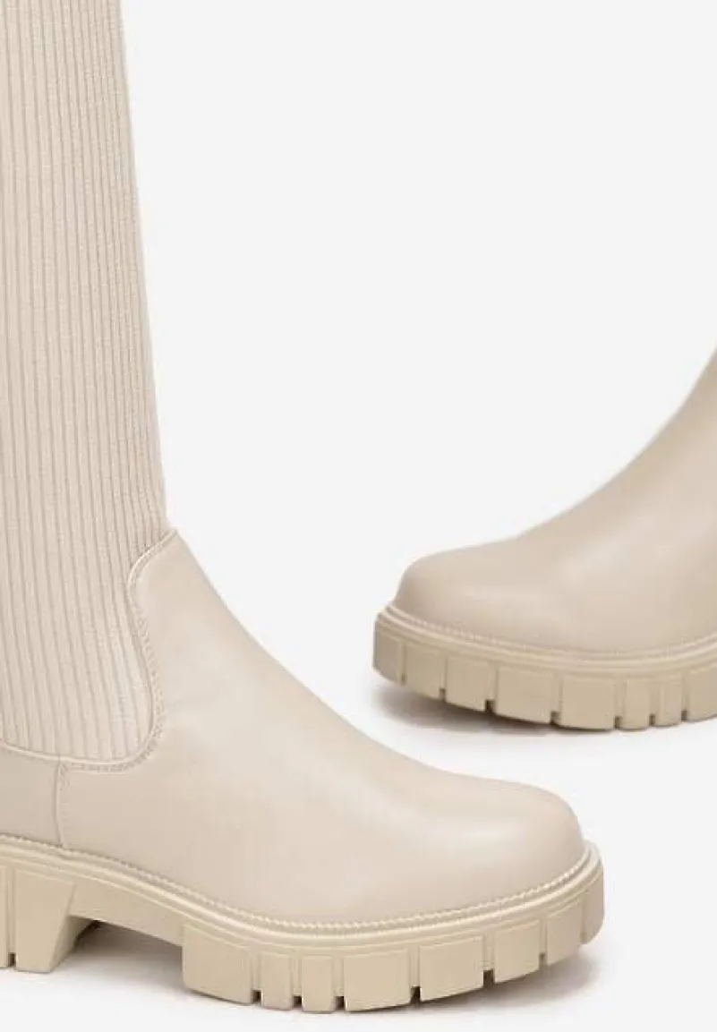 Beżowe Kozaki z Elastyczną Cholewką za Kolano Meyo