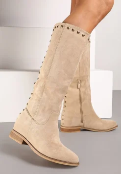 Beżowe Kozaki z Imitacji Zamszu z Okrągłymi Noskami i Ćwiekami Matrir