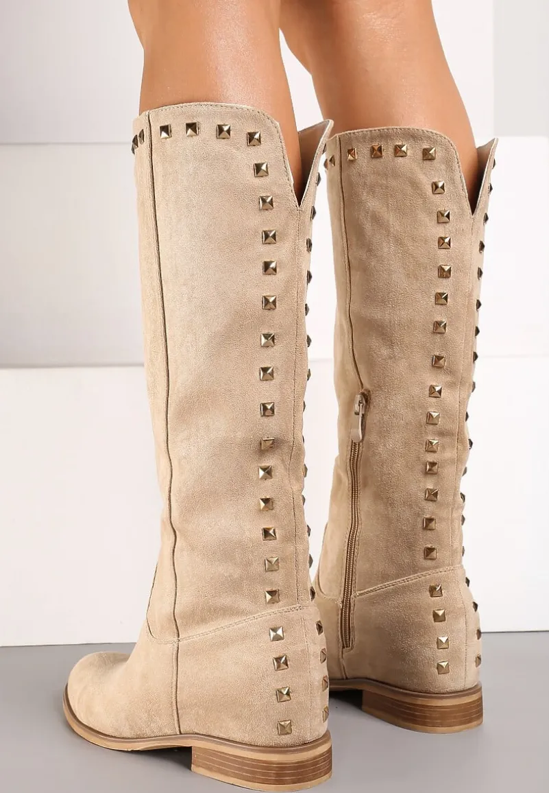 Beżowe Kozaki z Imitacji Zamszu z Okrągłymi Noskami i Ćwiekami Matrir