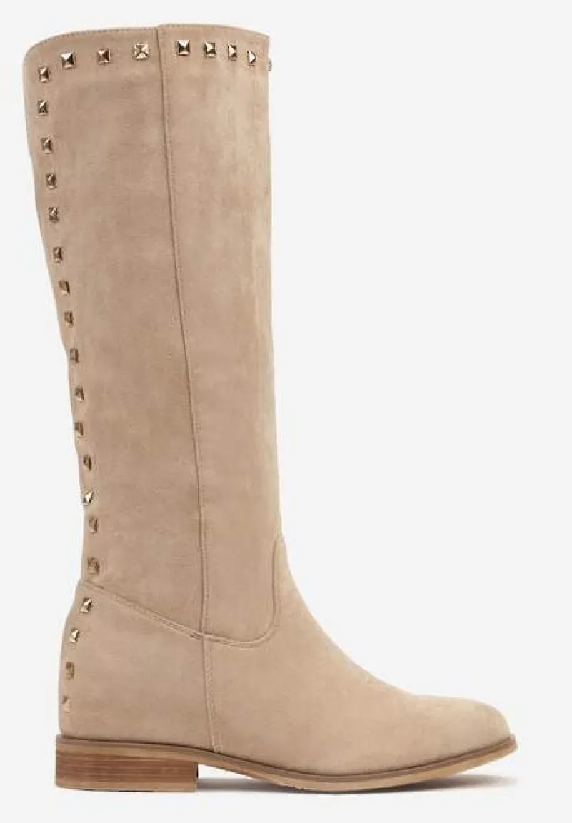 Beżowe Kozaki z Imitacji Zamszu z Okrągłymi Noskami i Ćwiekami Matrir