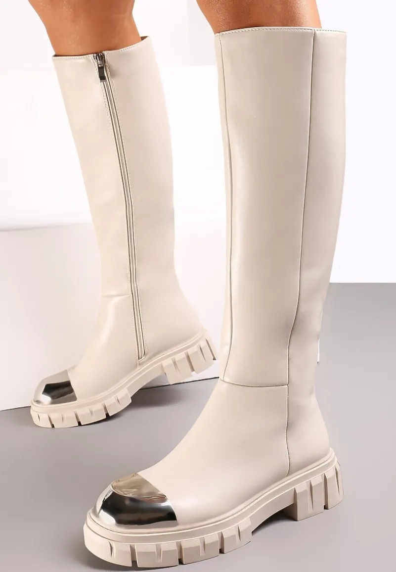 Beżowe Kozaki z Metalicznym Noskiem na Platformie Billiesa