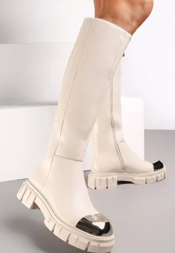 Beżowe Kozaki z Metalicznym Noskiem na Platformie Billiesa