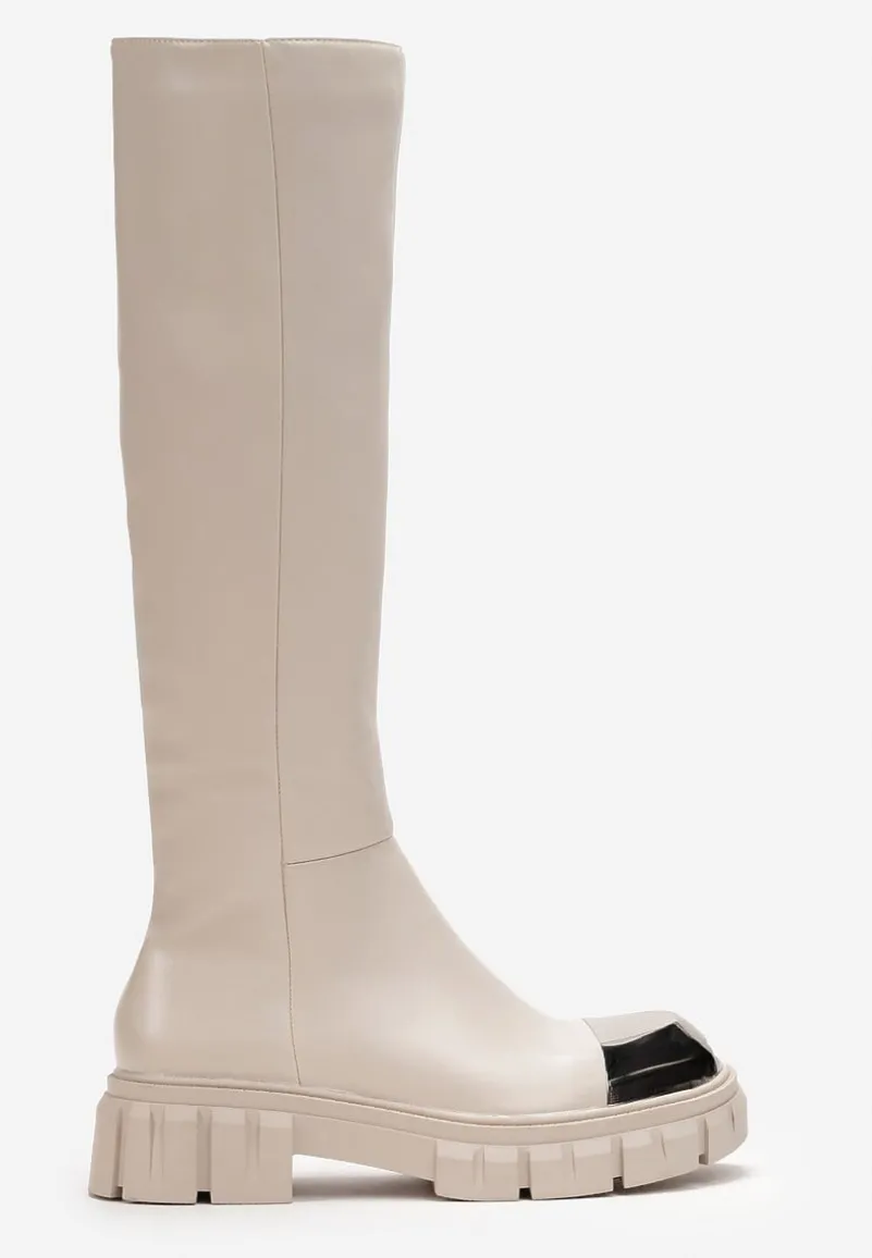 Beżowe Kozaki z Metalicznym Noskiem na Platformie Billiesa